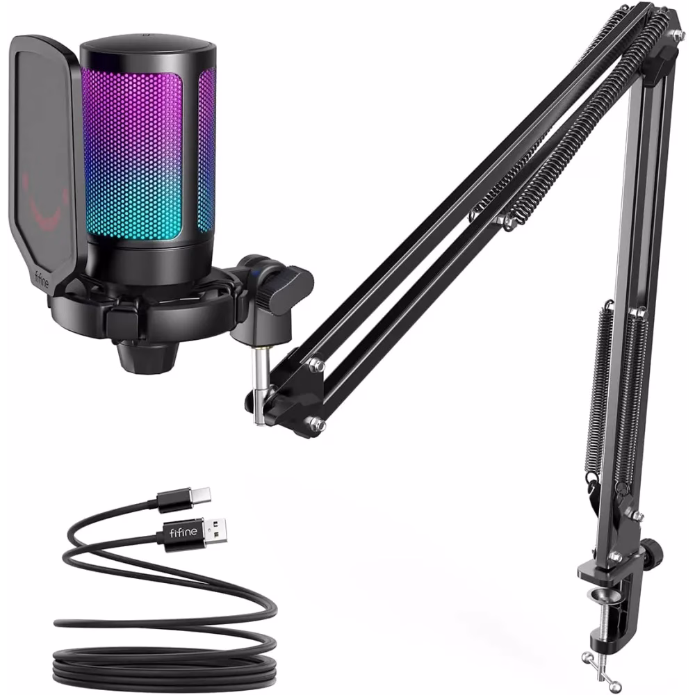 FIFINE AMPLIGAME A6T Gaming PC USB Microphone & Podcast Condenser Mic with Boom Arm Microphone